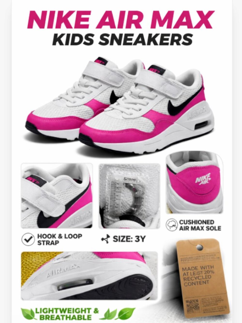 Nike Air Max Kids Sneakers White Pink Black Hook & Loop Size 3Y Lightweight Shoe
